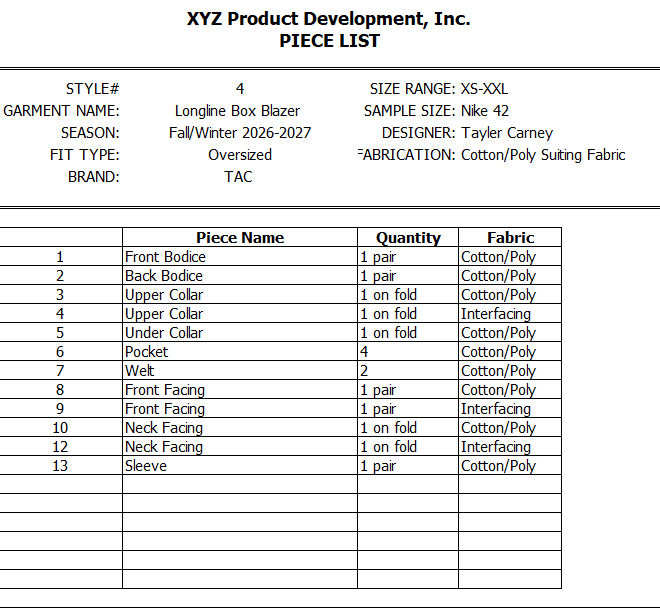 Piece List
